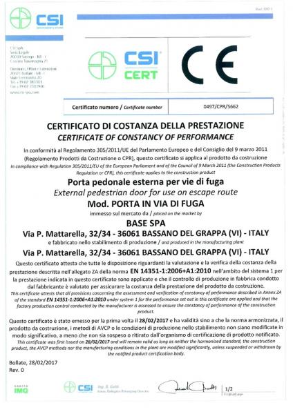 Certificato di costanza della prestazione Mod.porta in via di fuga